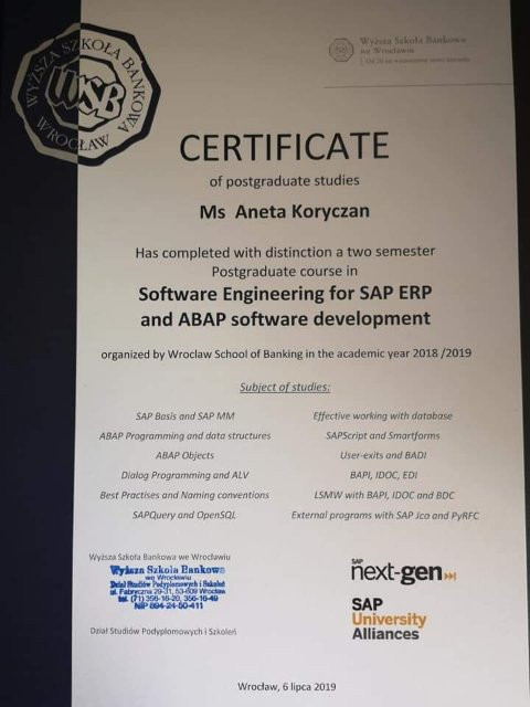 Certyfikat SAP Aneta Koryczan